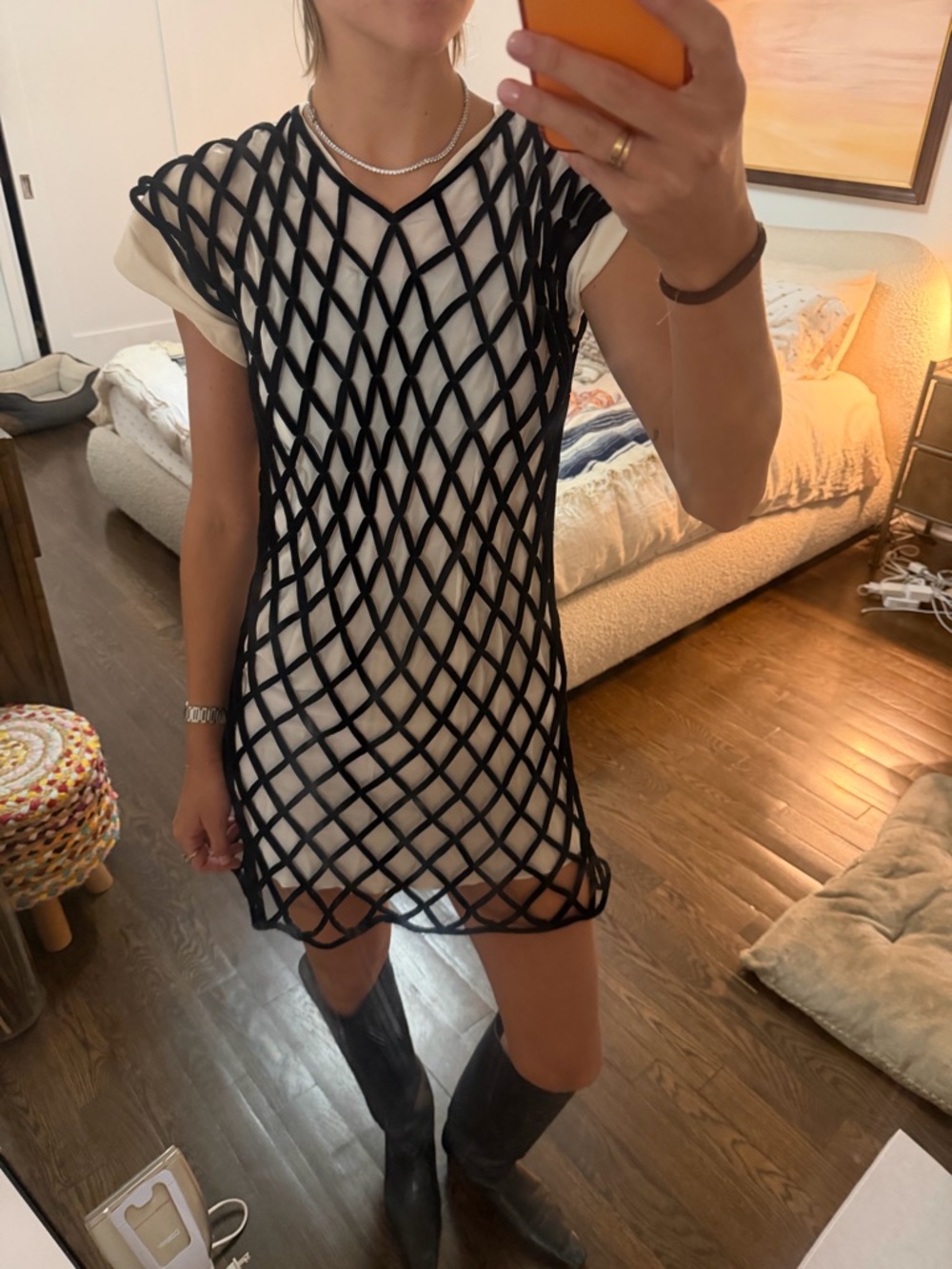 Balenciaga Black Lattice Mini Dress with Cream Underlayer - Picture 2 of 9